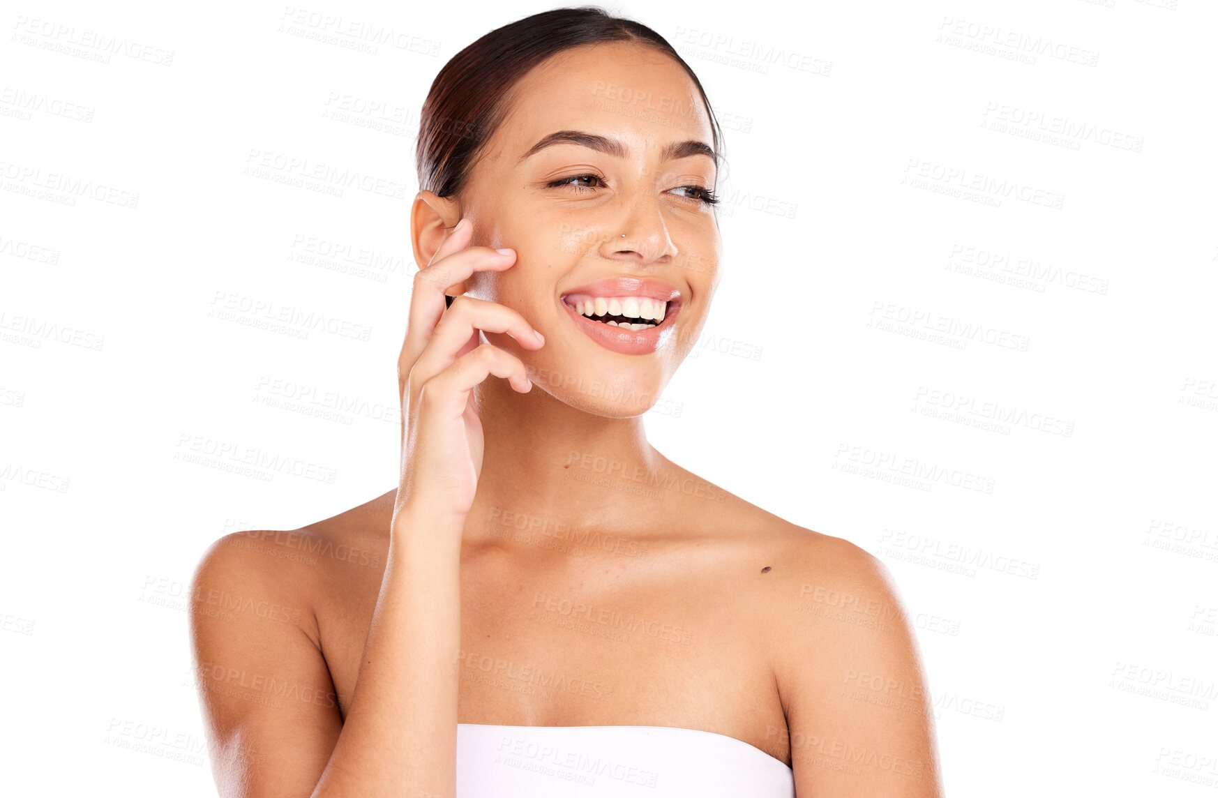 Buy stock photo Portrait, smile and woman with dermatology, cosmetics and grooming routine isolated on a transparent background. Face, person and model with treatment, shine and skincare with beauty, clean and png