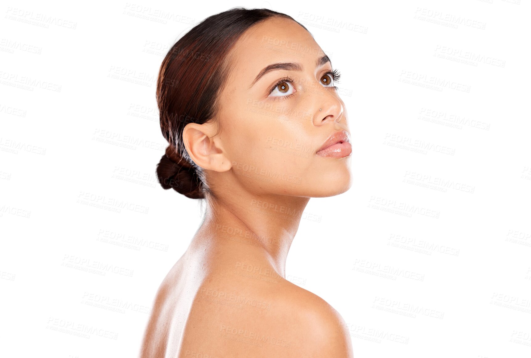 Buy stock photo Skincare, beauty and young woman with natural, health and wellness facial routine for dermatology. Cosmetic, glow and female model with facial treatment isolated by transparent png background.