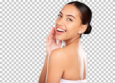 Buy stock photo Skincare, portrait and woman in wellness, beauty and luxury secret isolated on a transparent PNG background. Face, skin and body care by girl model relax with smile, spa facial and cosmetic treatment