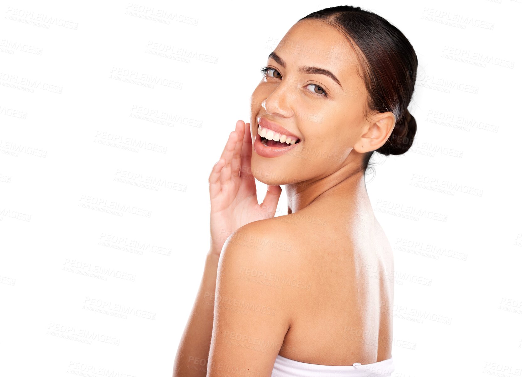 Buy stock photo Skincare, portrait and woman in wellness, beauty and luxury secret isolated on a transparent PNG background. Face, skin and body care by girl model relax with smile, spa facial and cosmetic treatment