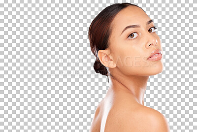 Buy stock photo Portrait, skincare and woman with dermatology, cosmetics and grooming routine isolated on a transparent background. Face, person or model with treatment, shine and wellness with beauty, clean and png