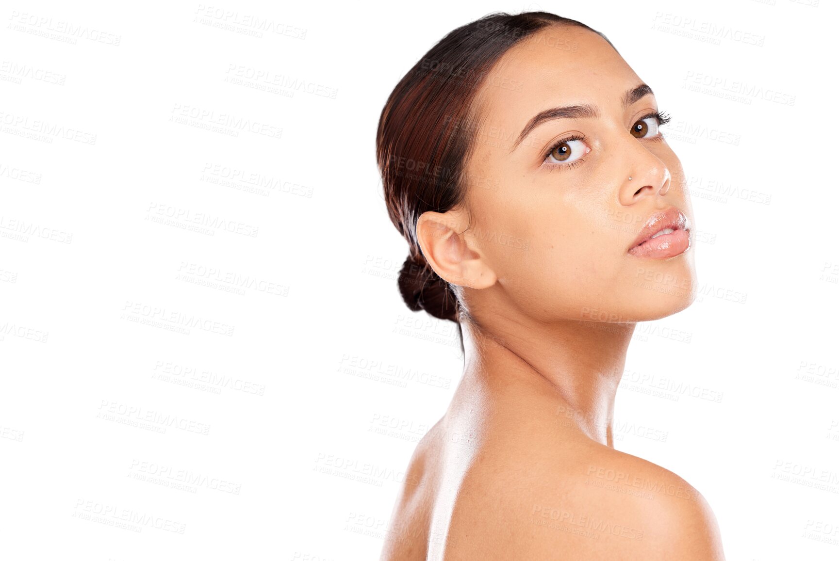 Buy stock photo Portrait, skincare and woman with dermatology, cosmetics and grooming routine isolated on a transparent background. Face, person or model with treatment, shine and wellness with beauty, clean and png