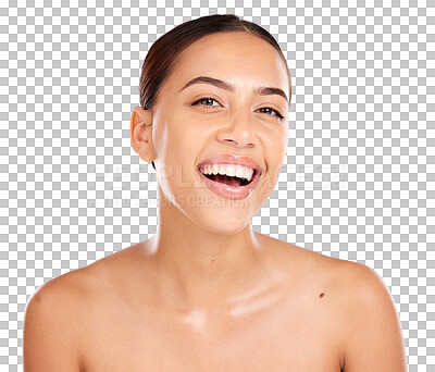 Buy stock photo Beauty, skincare and smile with portrait of woman for glow, luxury and facial product isolated on a transparent PNG background. Face of happy female person in wellness for natural spa treatment