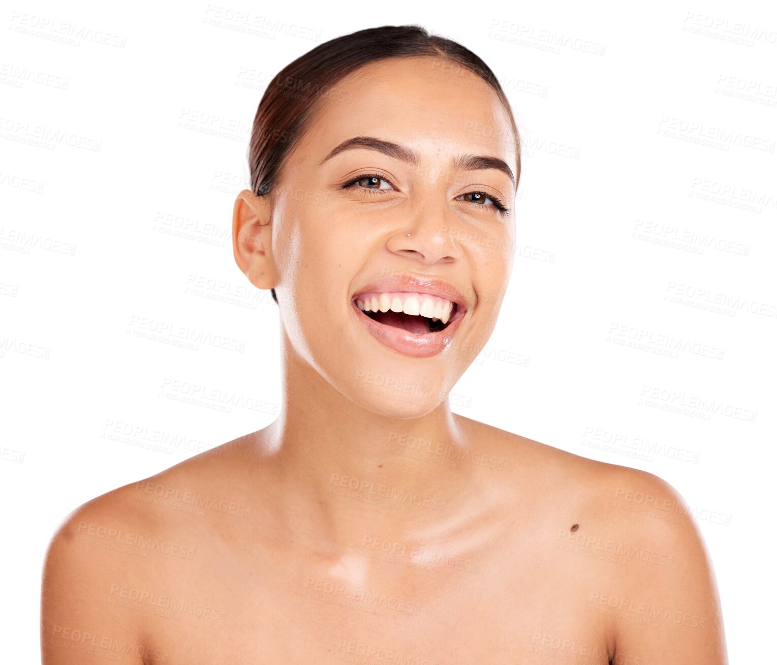 Buy stock photo Beauty, skincare and smile with portrait of woman for glow, luxury and facial product isolated on a transparent PNG background. Face of happy female person in wellness for natural spa treatment