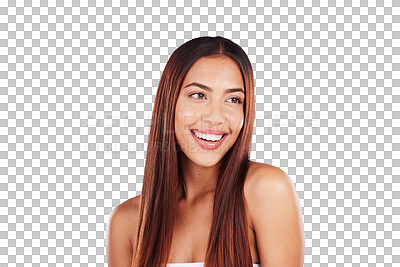Buy stock photo Hair, woman and beauty with smile, healthy skincare or wellness isolated on a transparent PNG background. Happy model, long hairstyle and natural cosmetics for salon, color dye and growth in shine