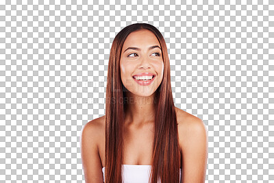 Buy stock photo Hair care, woman and beauty with smile for healthy skincare isolated on a transparent PNG background. Happy model, hairstyle and natural cosmetics in salon, color dye or growth shampoo for shine