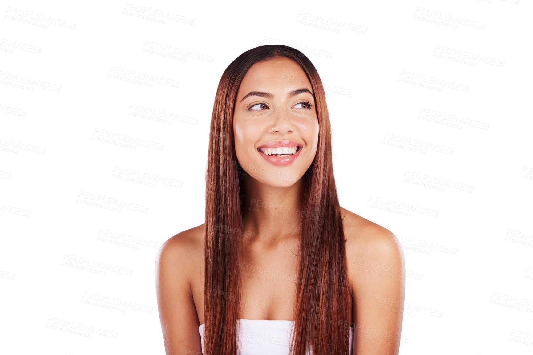 Buy stock photo Hair care, woman and beauty with smile for healthy skincare isolated on a transparent PNG background. Happy model, hairstyle and natural cosmetics in salon, color dye or growth shampoo for shine