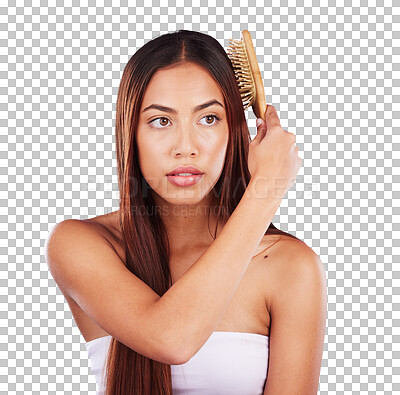 Buy stock photo Hair care, brush and natural beauty of woman in salon treatment isolated on transparent png background. Serious person comb hairstyle, keratin or aesthetic for healthy shine, cosmetic and hairdresser