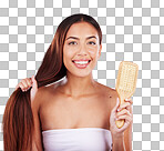 Hair, brush and portrait of woman on studio background for beauty cosmetics, skincare and color. Happy model comb hairstyle, growth and aesthetics for healthy shine, salon shampoo and facial smile 