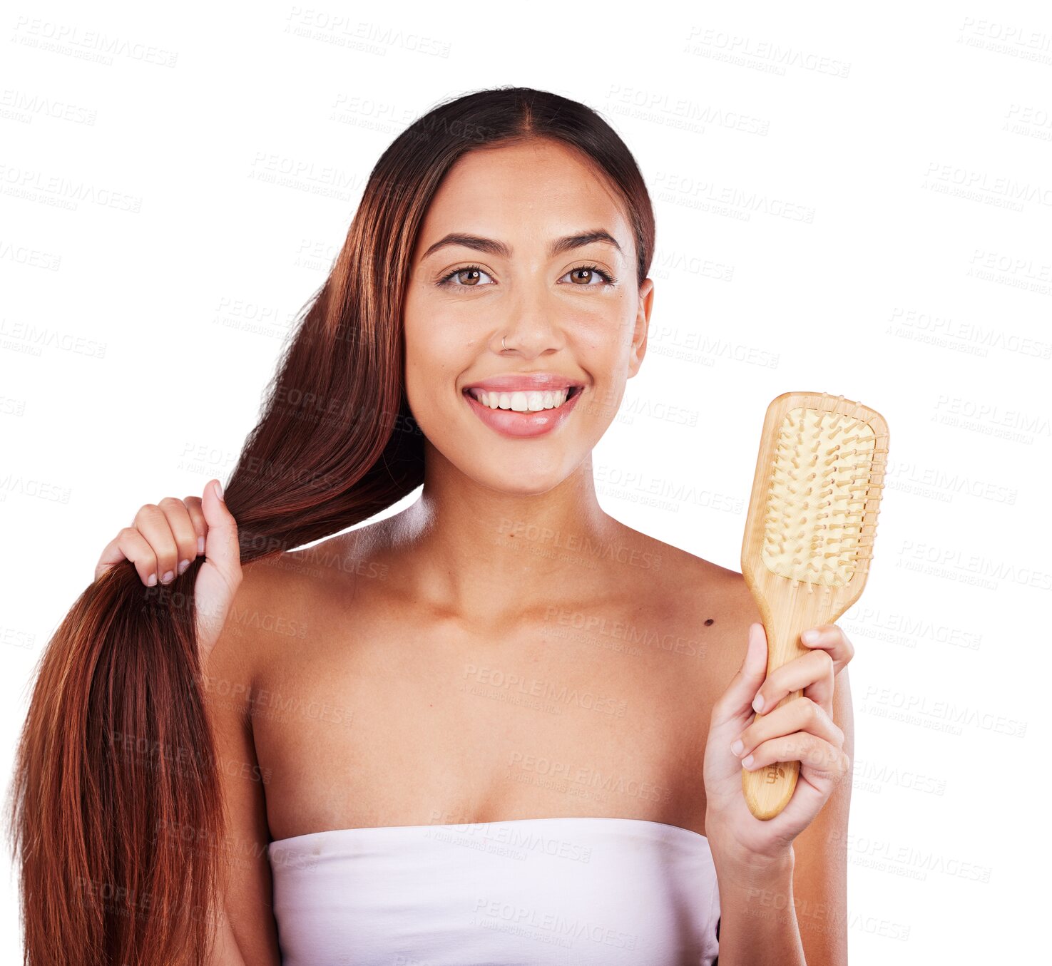 Buy stock photo Hair care, brush and portrait of happy woman, touch and salon treatment isolated on a transparent png background. Person comb hairstyle, face and healthy cosmetics, hairdresser and natural beauty