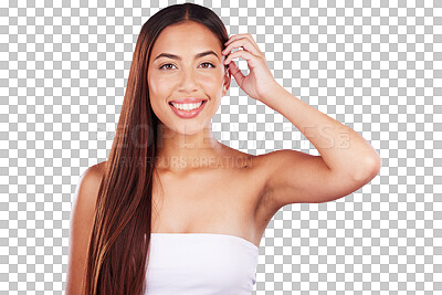 Buy stock photo Hair, cosmetics and portrait of woman with beauty on isolated, png and transparent background. Happy, hairdresser salon and face of person with hairstyle for grooming, keratin and healthy texture