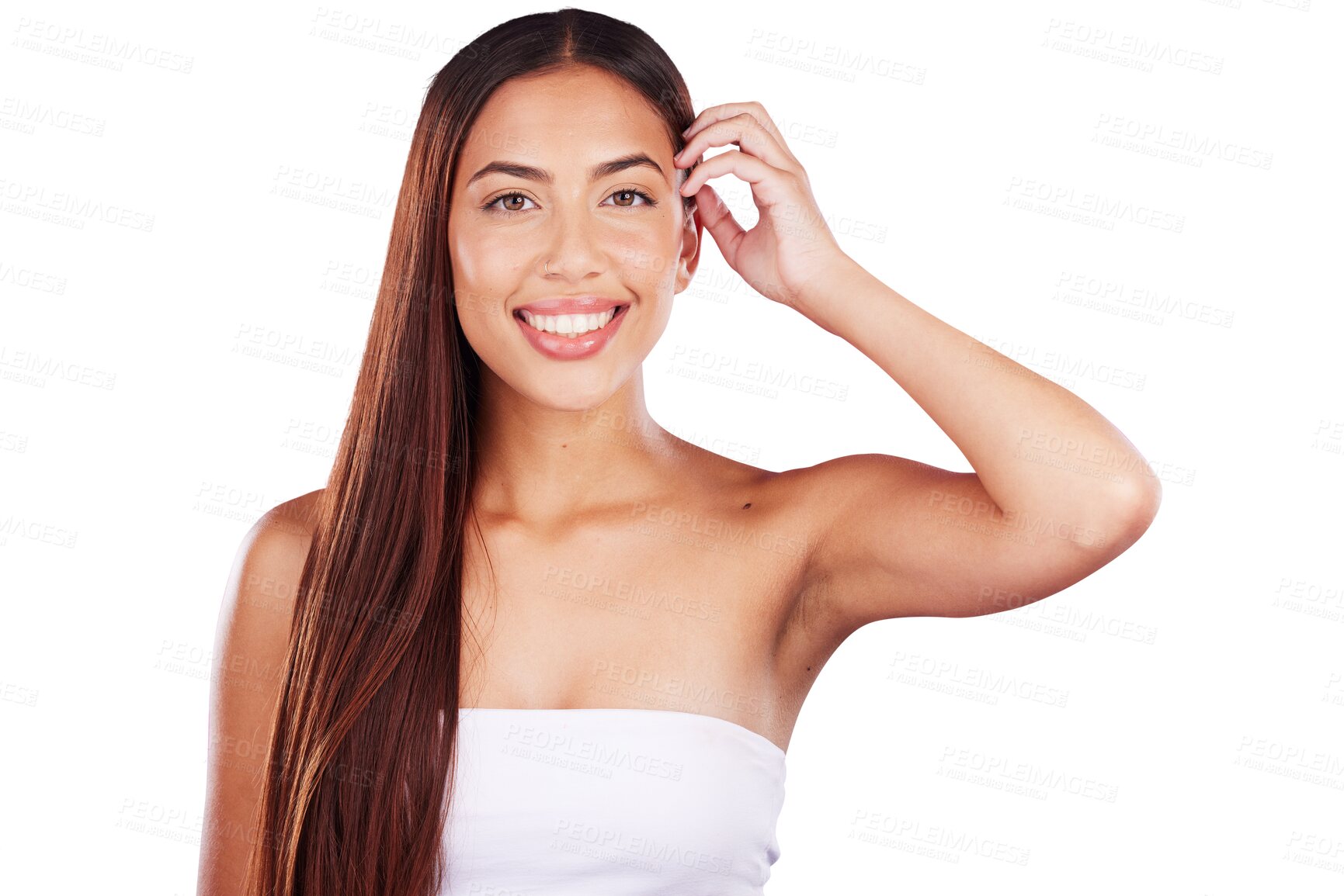 Buy stock photo Hair, cosmetics and portrait of woman with beauty on isolated, png and transparent background. Happy, hairdresser salon and face of person with hairstyle for grooming, keratin and healthy texture