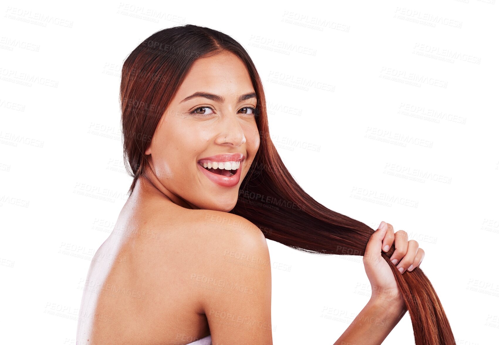 Buy stock photo Hair care, happy and portrait of woman with beauty on isolated, png and transparent background. Cosmetics, hairdresser salon and face of person with hairstyle for shine, keratin and healthy texture