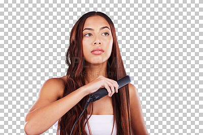 Buy stock photo Hair care, flat iron and beauty of woman in salon treatment, wellness or natural cosmetics. Straightener, serious girl and person with hairstyle, thinking and isolated on a transparent png background