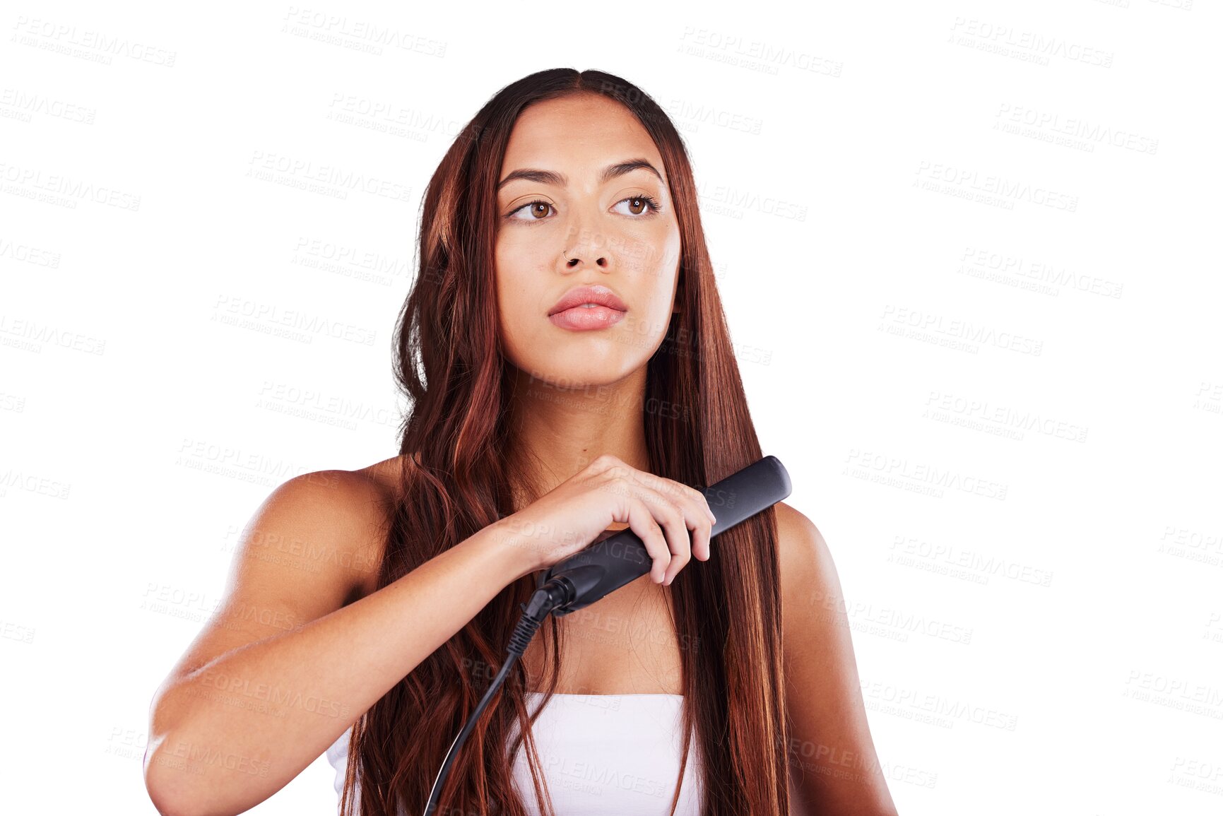 Buy stock photo Hair care, flat iron and beauty of woman in salon treatment, wellness or natural cosmetics. Straightener, serious girl and person with hairstyle, thinking and isolated on a transparent png background