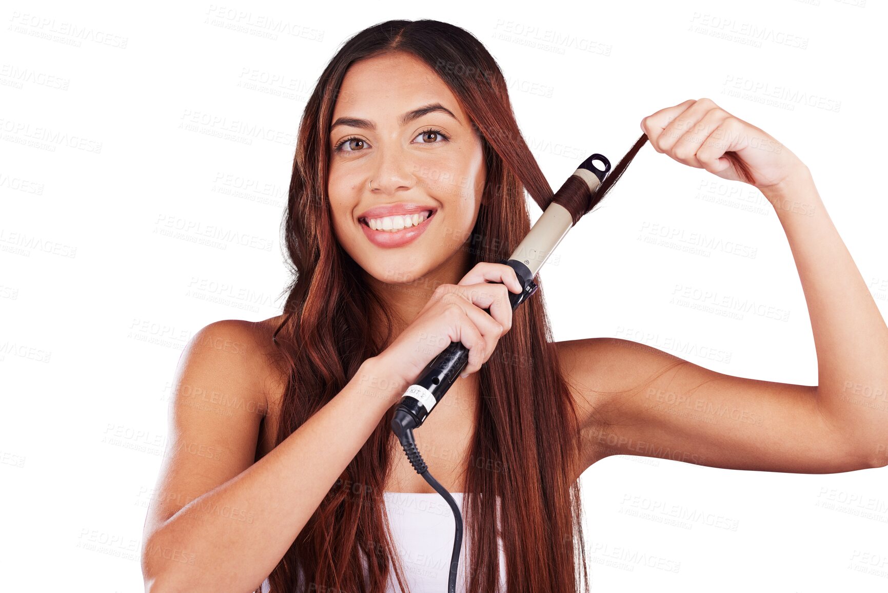 Buy stock photo Hair, beauty and portrait of woman with curling iron on isolated, transparent or png background. Haircare, styling and face of lady model with beach waves, heat or product tool for volume or texture