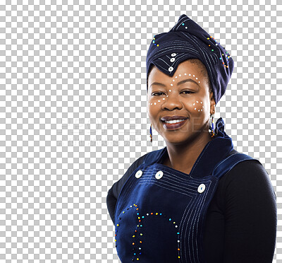 Buy stock photo Happy black woman, portrait and fashion in Africa tradition or style isolated on a transparent PNG background. Face of African female person with smile for stylish clothing, culture or tribal wear