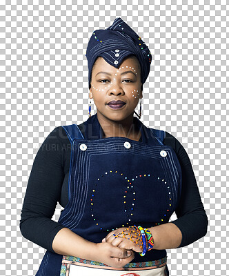 Buy stock photo Portrait, serious and black woman in traditional clothes isolated on a transparent png background. Confident African person, fashion turban and stylish hat, casual dress and culture in South Africa