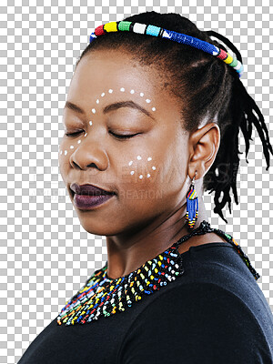 Buy stock photo Paint, culture or tradition with a black woman in an outfit isolated on a transparent background. Face, makeup and jewelry with a person in African fashion or facial cosmetics on PNG for heritage