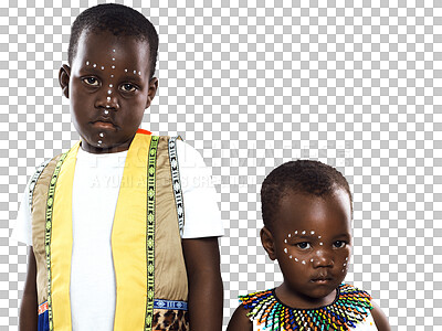 Buy stock photo Black children, portrait and face paint for tribe, Africa or culture tradition isolated on a transparent PNG background. Young African kids, model or boys in traditional fashion, style or clothing