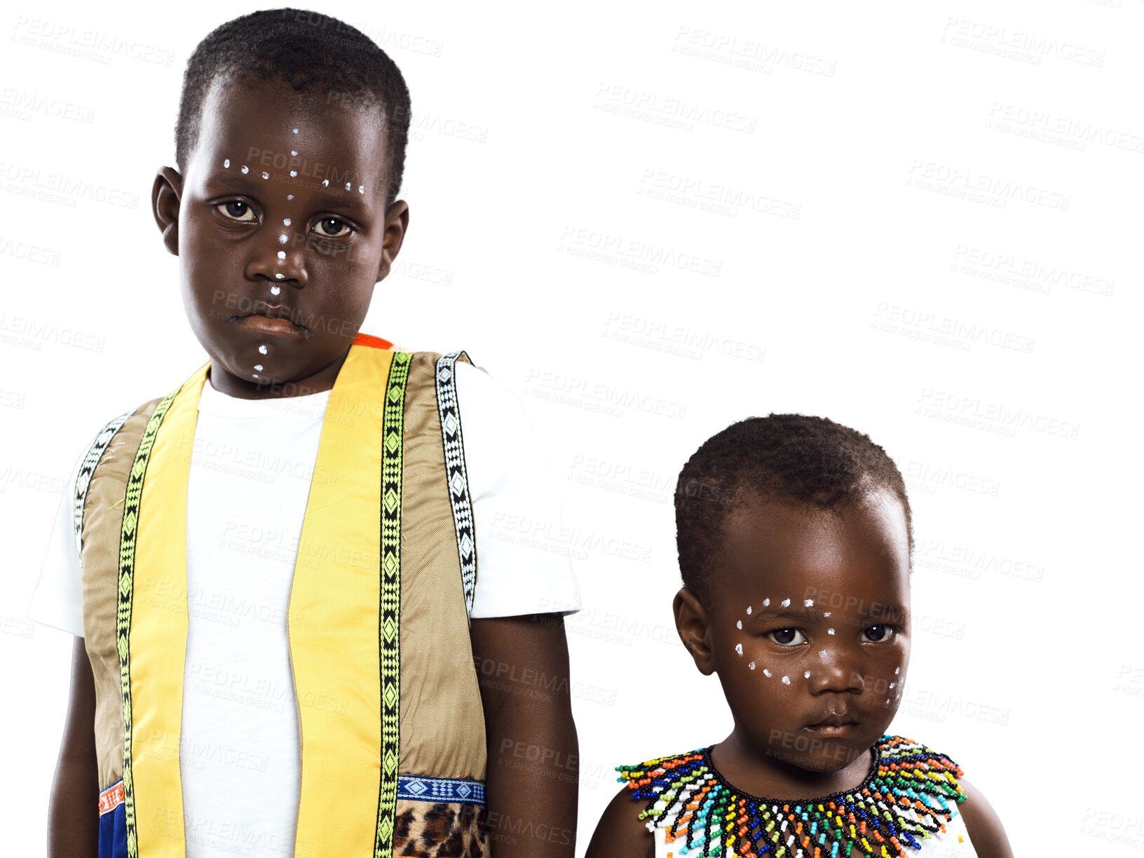 Buy stock photo Black children, portrait and face paint for tribe, Africa or culture tradition isolated on a transparent PNG background. Young African kids, model or boys in traditional fashion, style or clothing