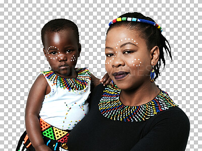 Buy stock photo African mother, child and culture, beads or jewelry for fashion, traditional face paint or makeup isolated on transparent png background. Family, mom and girl kid in portrait and pattern for religion