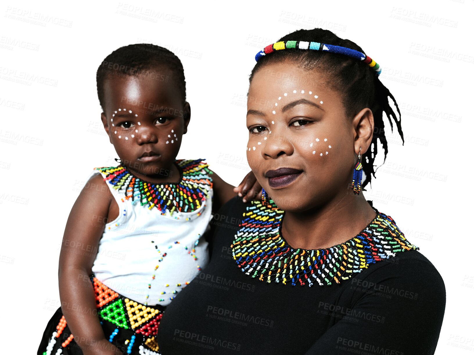 Buy stock photo African mother, child and culture, beads or jewelry for fashion, traditional face paint or makeup isolated on transparent png background. Family, mom and girl kid in portrait and pattern for religion