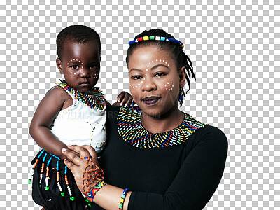 Buy stock photo African mom, child and culture portrait for fashion and traditional face paint or makeup isolated on transparent png background. Family, mother and girl kid in beads and jewelry pattern for religion