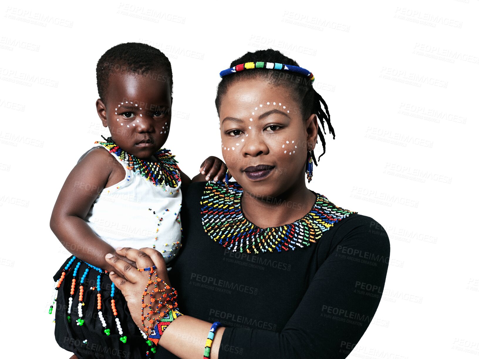 Buy stock photo African mom, child and culture portrait for fashion and traditional face paint or makeup isolated on transparent png background. Family, mother and girl kid in beads and jewelry pattern for religion