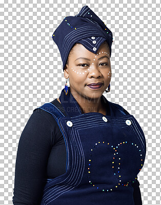 Buy stock photo Portrait, confidence and black woman in traditional fashion isolated on transparent png background. Serious African person, turban and stylish hat, casual dress or clothes for culture in South Africa