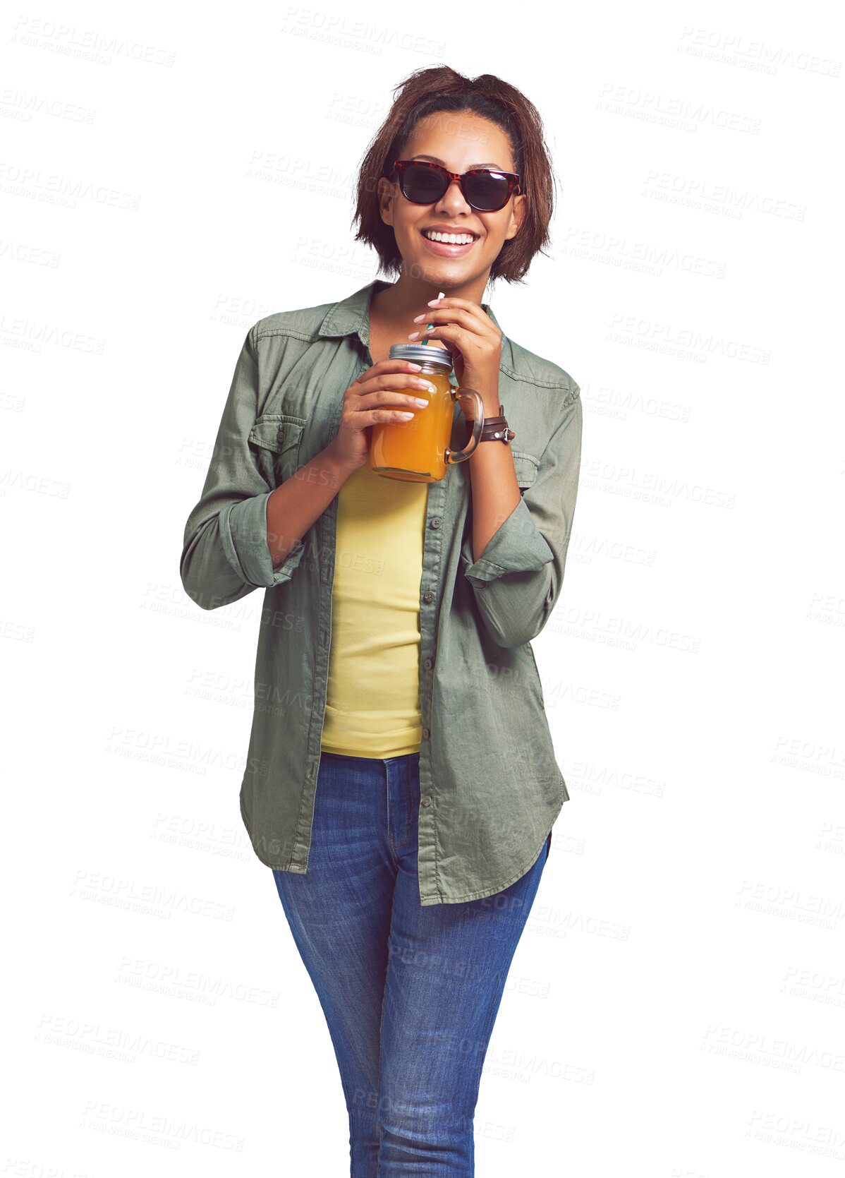 Buy stock photo Orange, juice and portrait of woman with drink isolated on a transparent png background. Happy model, sunglasses and fruit cocktail for nutrition, vitamin c and detox diet, vegan smoothie or beverage