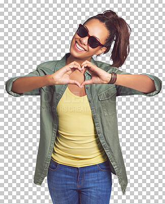 Buy stock photo Sunglasses, smile and woman with heart, hands or emoji on isolated, transparent and png background. Love, thank you and female model with support, finger or frame for gratitude, vote or kindness icon