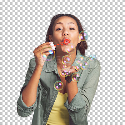 Buy stock photo Woman, portrait and blowing bubbles with wand standing isolated on a transparent PNG background. Face of young happy female person or model playing with bubble stick for fun or playful activity