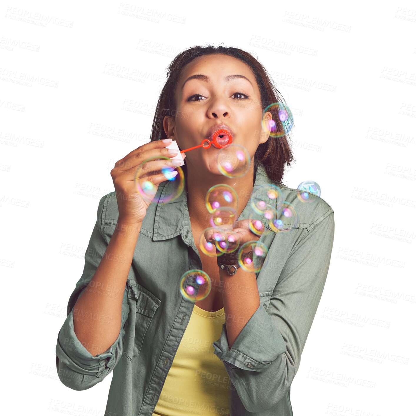 Buy stock photo Woman, portrait and blowing bubbles with wand standing isolated on a transparent PNG background. Face of young happy female person or model playing with bubble stick for fun or playful activity