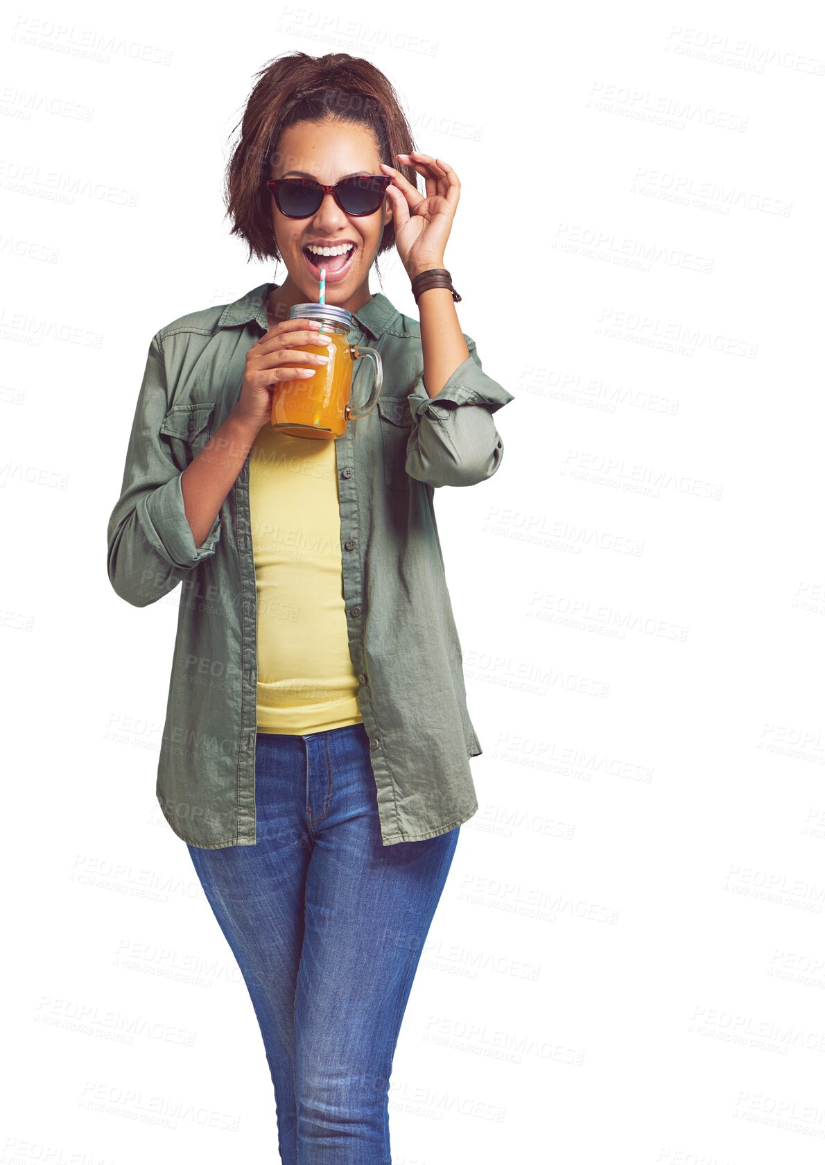 Buy stock photo Juice, happy and portrait of woman with sunglasses on isolated, png and transparent background. Fashion, excited and person with drink, smoothie or fruit blend in trendy clothes, cool outfit or style