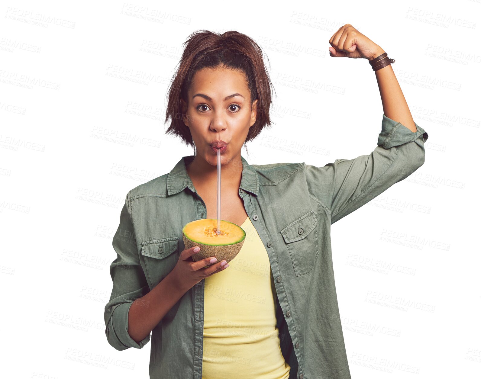 Buy stock photo Portrait, arm and a woman drinking a melon with a straw isolated on transparent background for strong muscles. Food, fruit and juice with a young person flexing her bicep on PNG for diet or nutrition