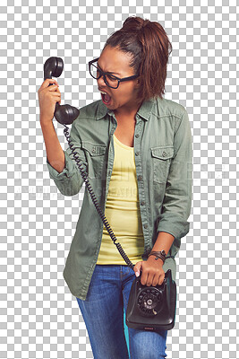 Buy stock photo Phone call, screaming and angry woman with telephone on isolated, transparent or png background. Stress, anxiety and female model frustrated by phishing, connection or communication delay or glitch