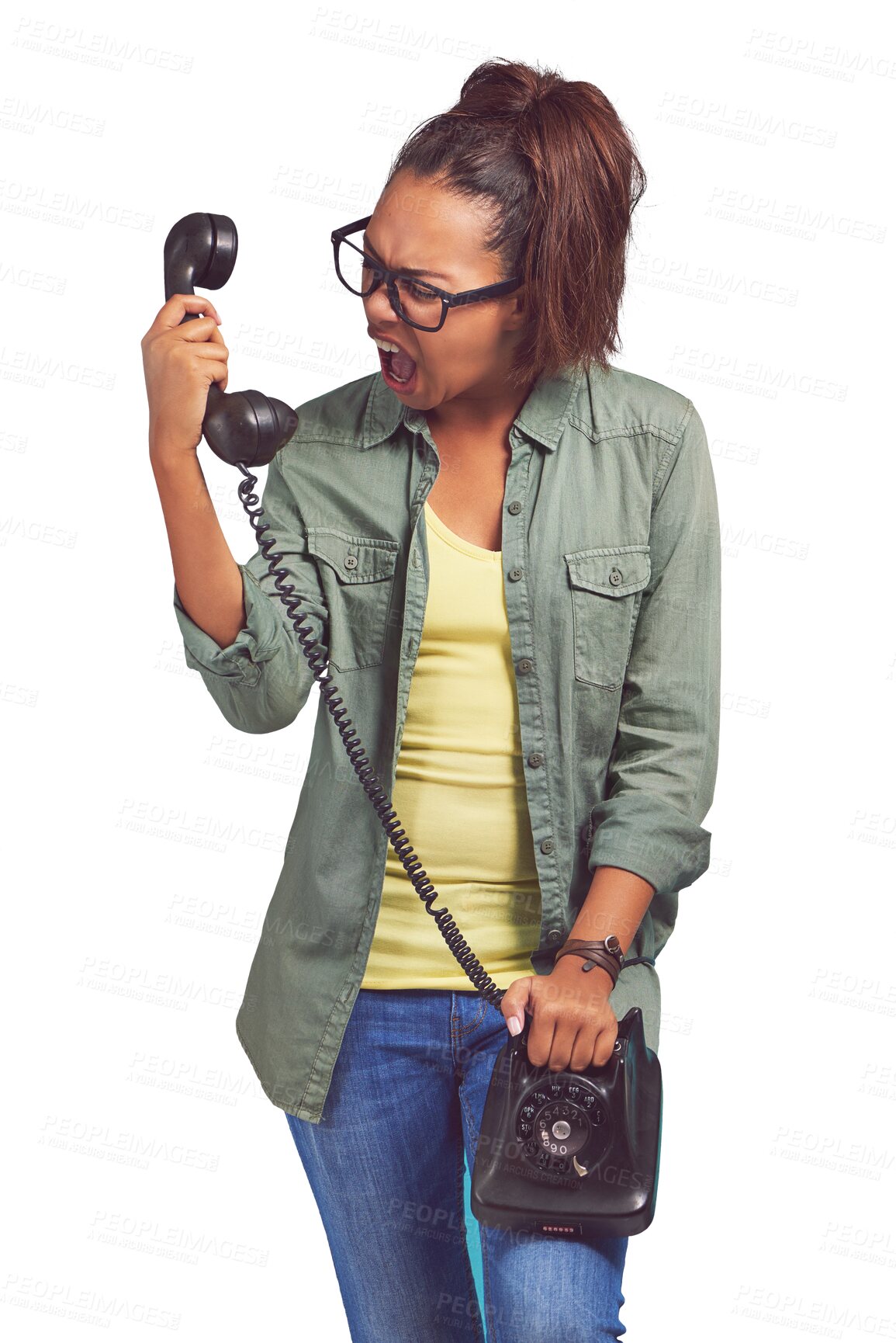 Buy stock photo Phone call, screaming and angry woman with telephone on isolated, transparent or png background. Stress, anxiety and female model frustrated by phishing, connection or communication delay or glitch