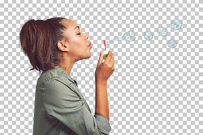 Buy stock photo Woman, profile and blowing bubbles with wand standing isolated on a transparent PNG background. Young and happy female person or model playing with bubble stick for fun activity or playful time