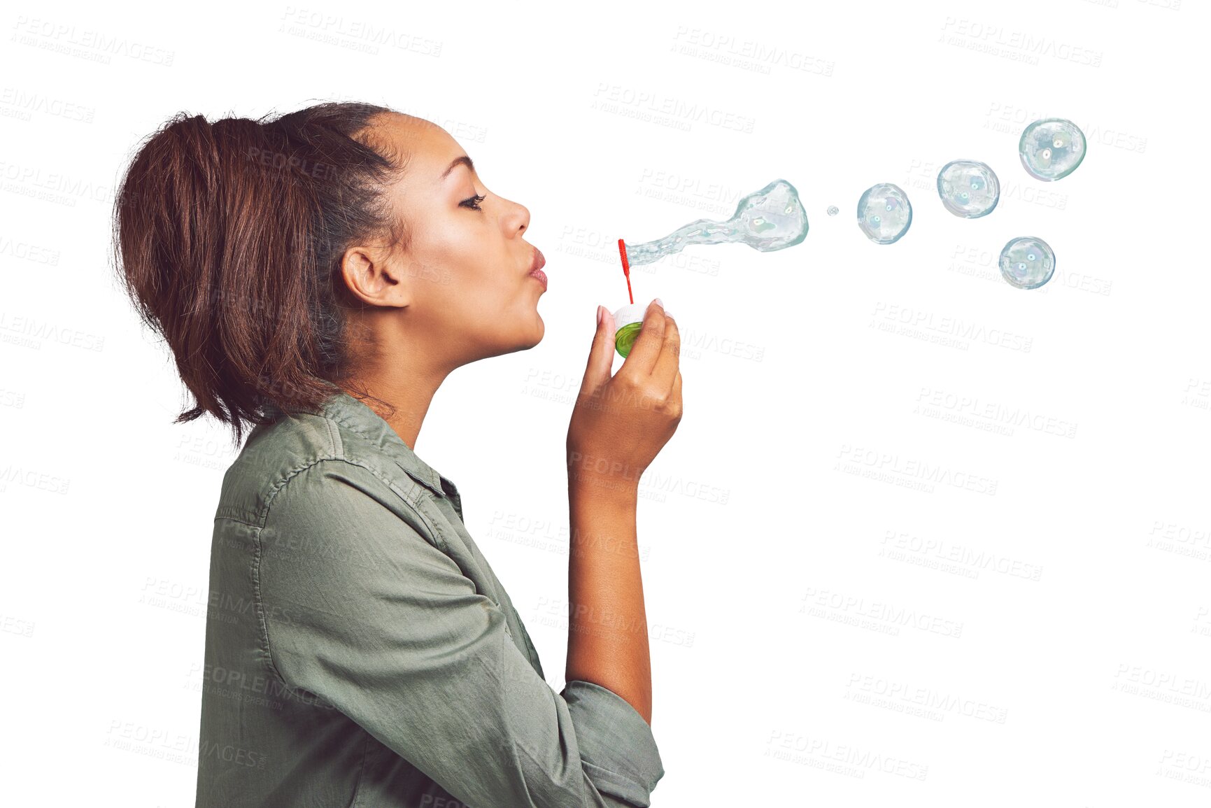 Buy stock photo Woman, profile and blowing bubbles with wand standing isolated on a transparent PNG background. Young and happy female person or model playing with bubble stick for fun activity or playful time