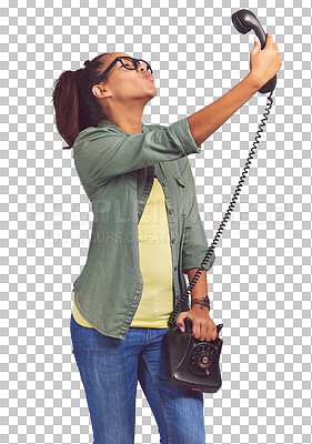 Buy stock photo Woman, fashion and kiss with telephone in casual, trendy outfit isolated on a transparent PNG background. Happy female person or model blowing kisses for communication or emotion on phone call