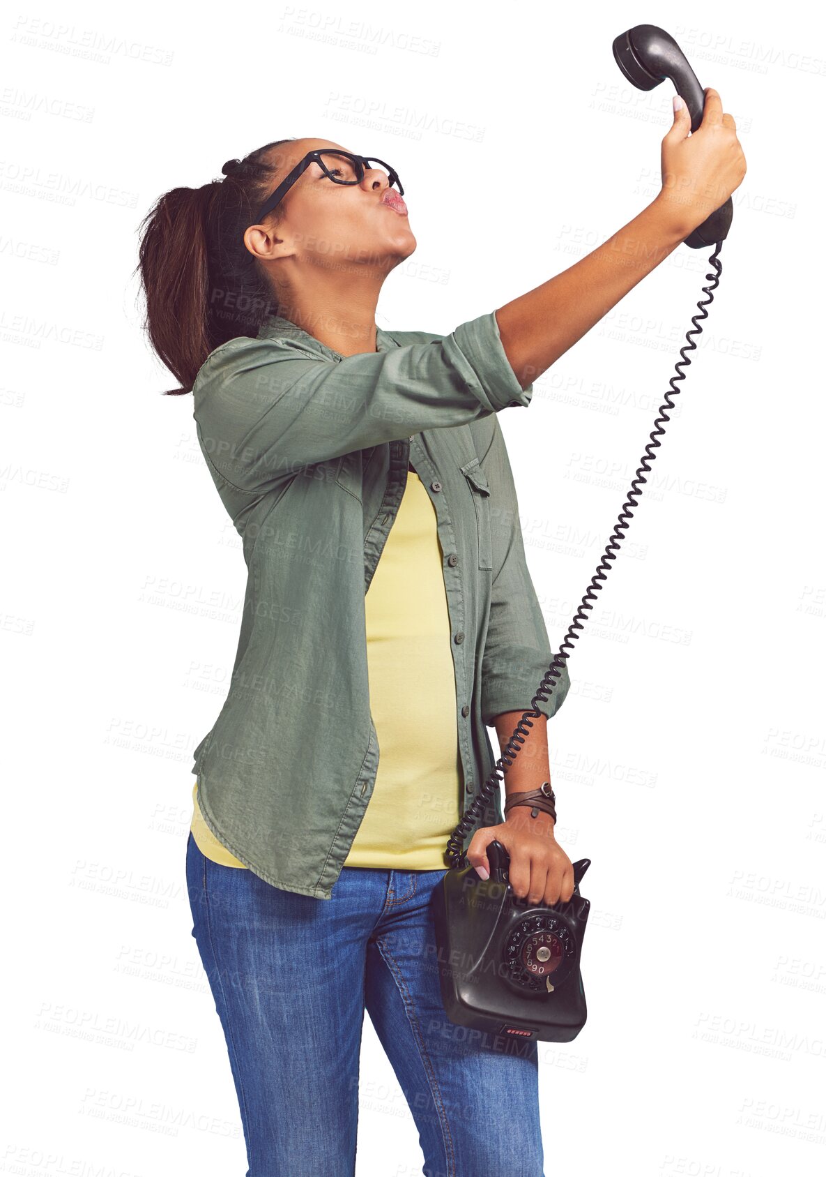 Buy stock photo Woman, fashion and kiss with telephone in casual, trendy outfit isolated on a transparent PNG background. Happy female person or model blowing kisses for communication or emotion on phone call