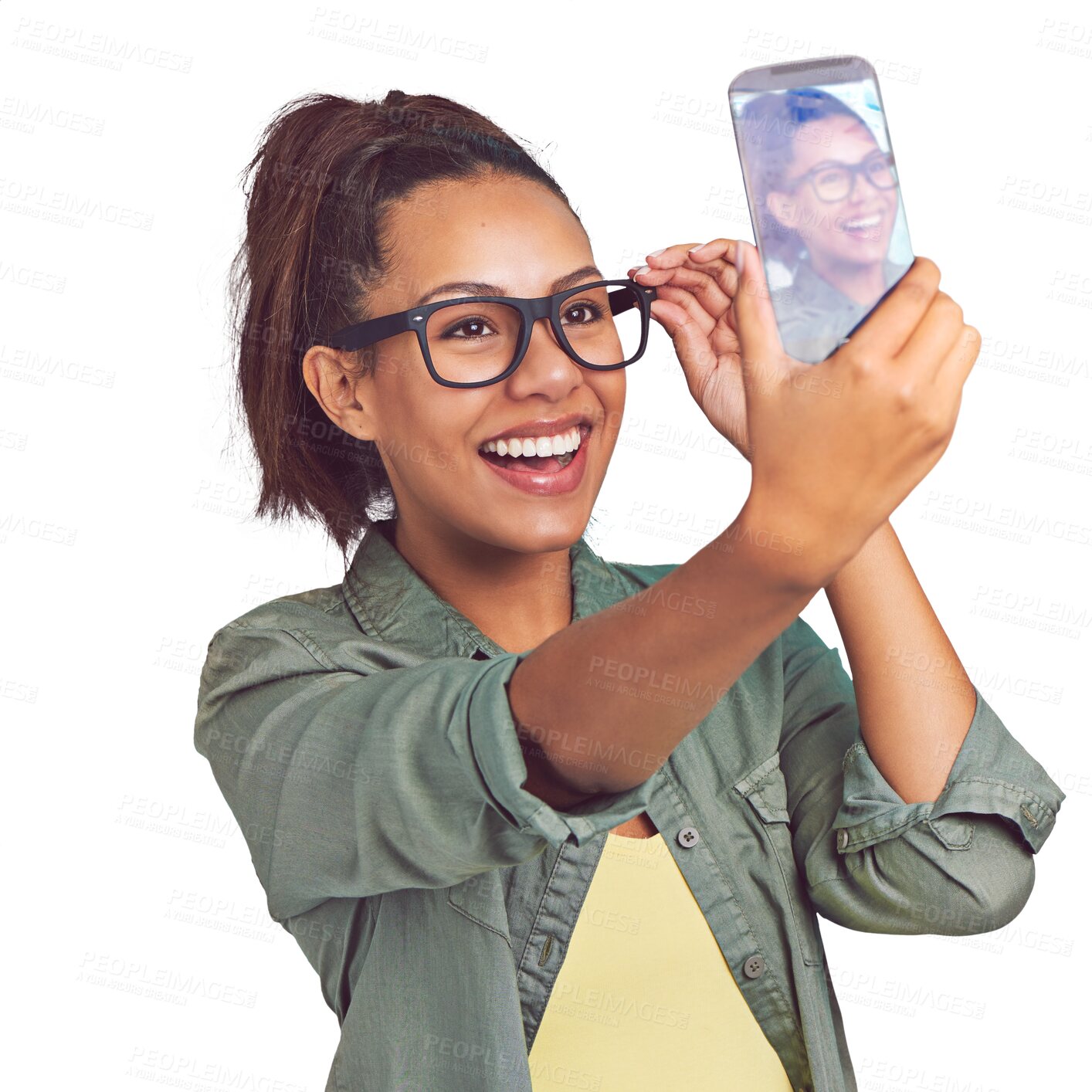 Buy stock photo Excited, selfie and young woman with fashion for casual, trendy and stylish outfit and glasses. Happy, smile and female model taking picture with cool style isolated by transparent png background.