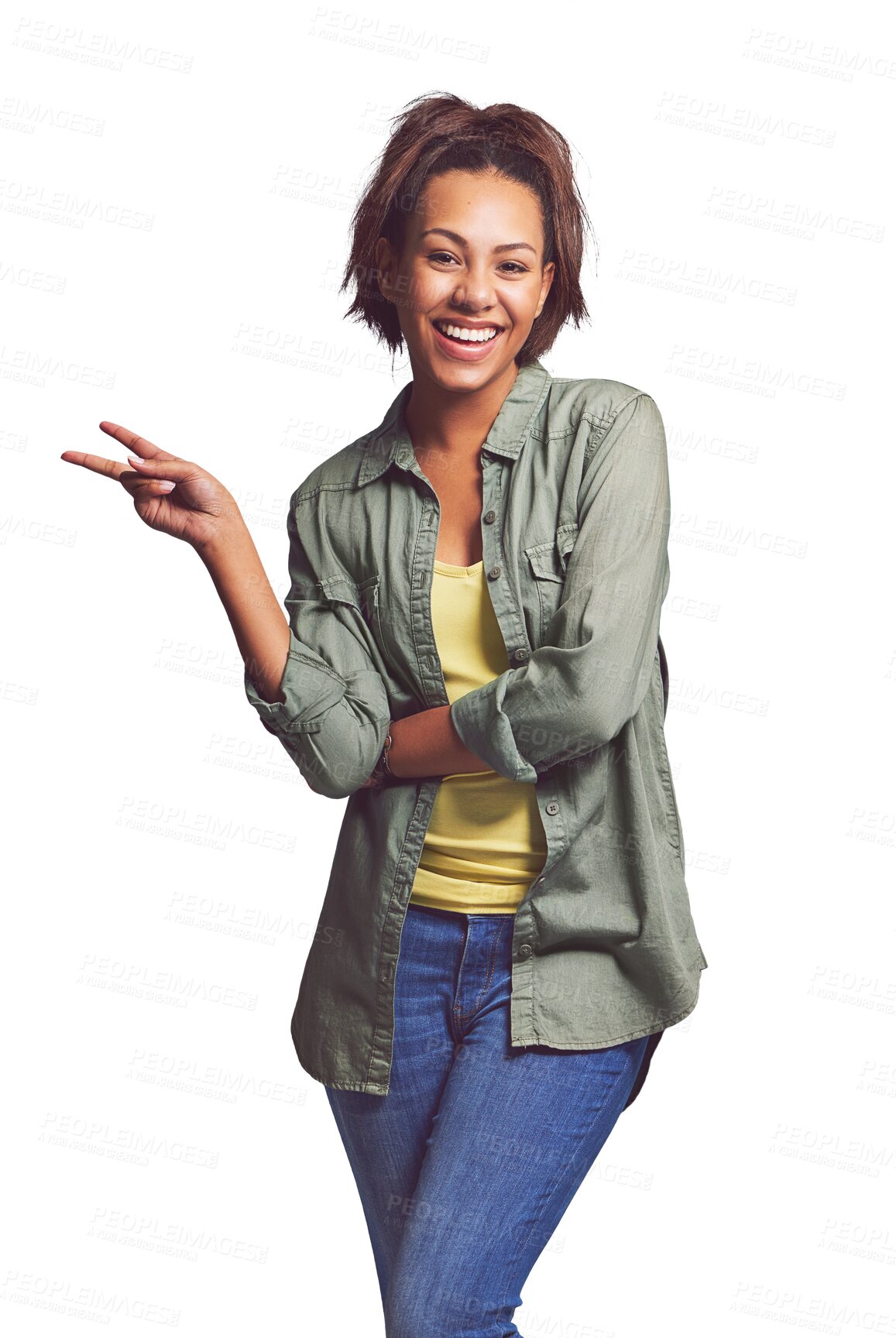 Buy stock photo Happy, portrait and woman with peace, hands or sign on isolated, transparent or png background. Freedom, icon and face of female model with v, emoji or vote, thank you or finger frame for good vibes