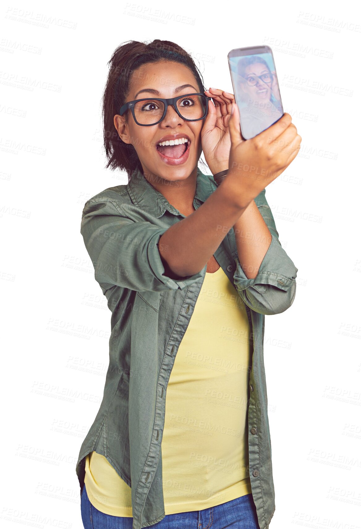 Buy stock photo Happy, selfie and young woman with fashion for casual, trendy and stylish outfit and glasses. Smile, happiness and female model taking picture with cool style isolated by transparent png background.