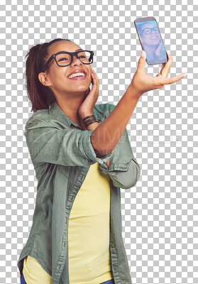 Buy stock photo Smile, selfie and young woman with fashion for casual, trendy and stylish outfit and glasses. Happy, positive and female model taking picture with cool style isolated by transparent png background.