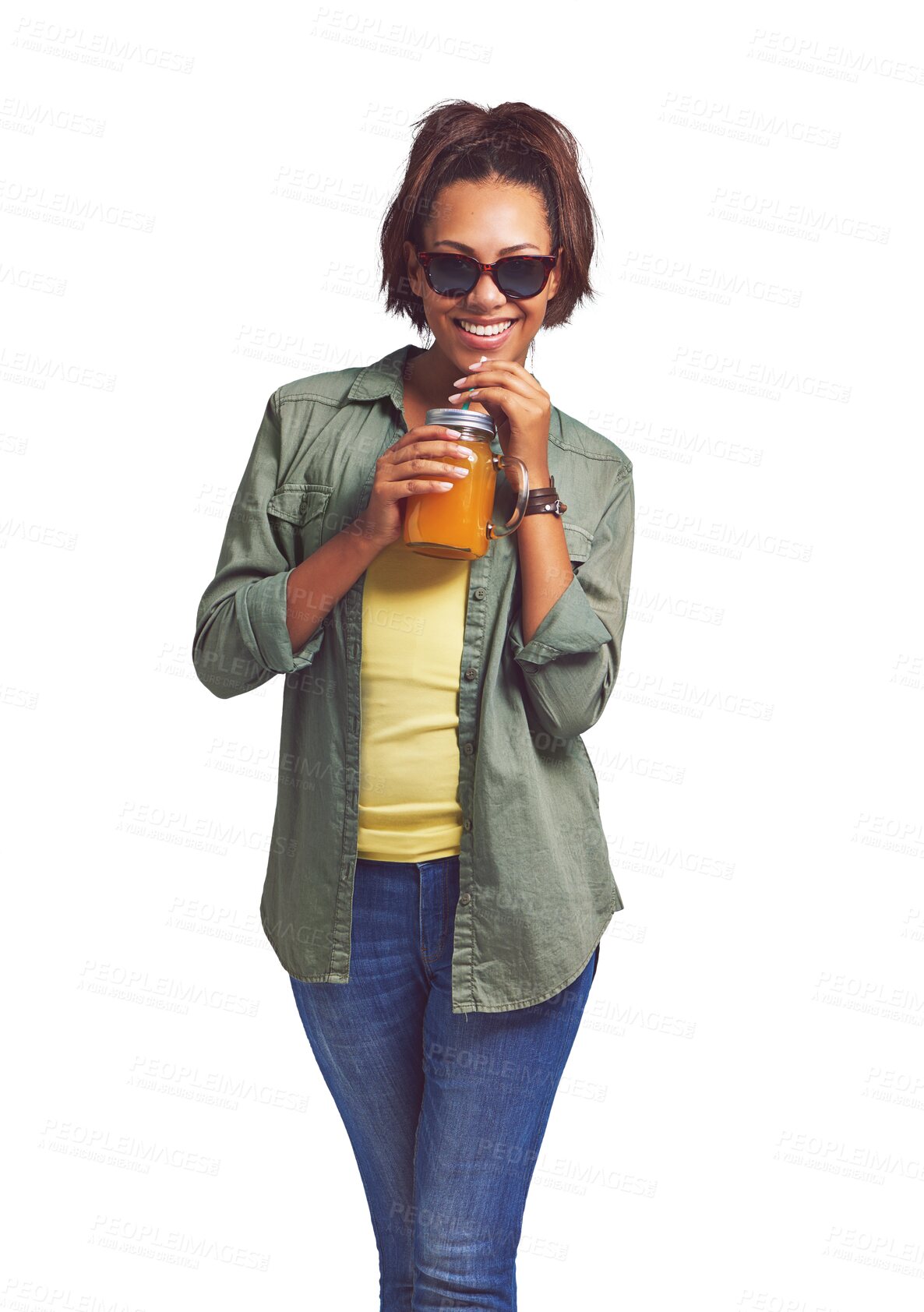 Buy stock photo Juice, fashion and portrait of woman with sunglasses on isolated, png and transparent background. Happy, summer and person with drink or fruit blend and in trendy clothes, cool outfit and style