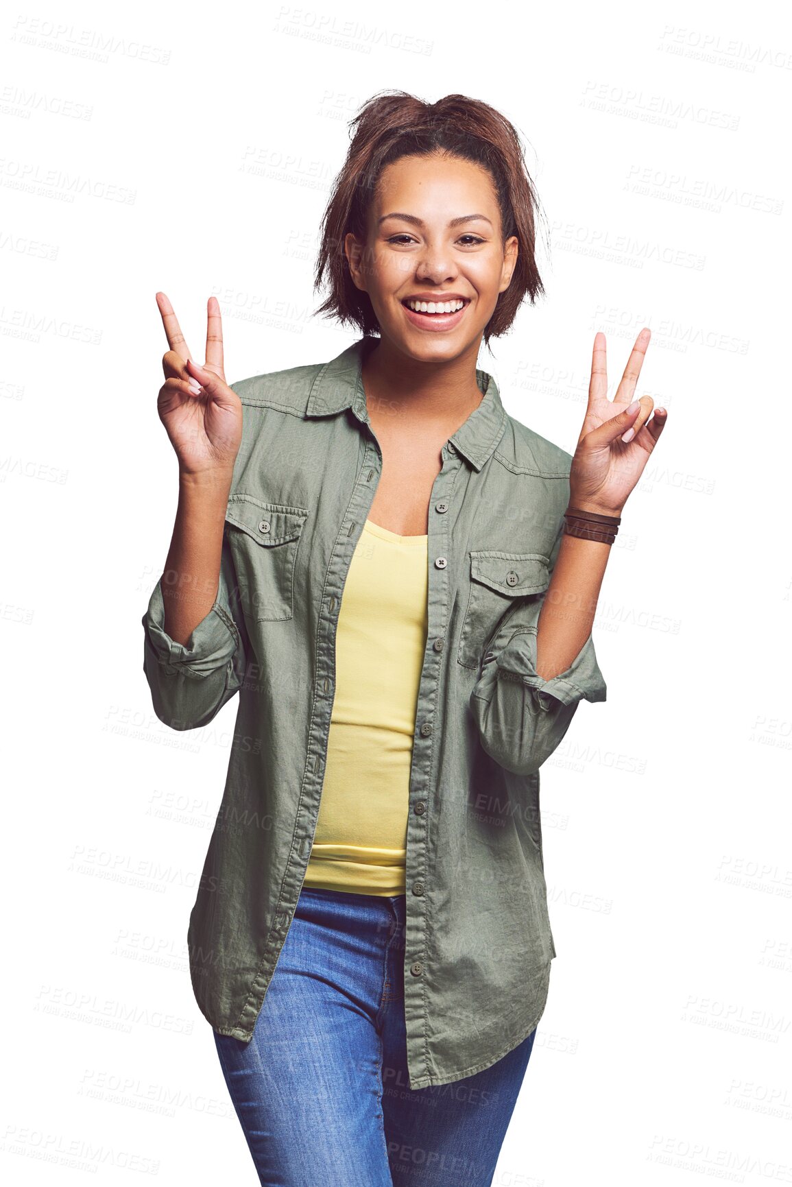 Buy stock photo Portrait, happy and woman with peace, hands or sign on isolated, transparent or png background. Freedom, vote and face of female model with v, emoji or vote, thank you or finger frame for good vibes