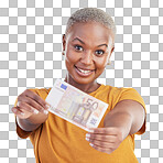 Black woman, euro note and finance, portrait and happy with prize, loan and cash isolated on blue background. Money, cashback and lottery win with payment, financial freedom and invest with bonus