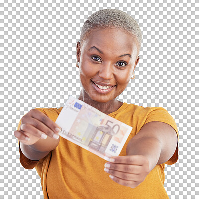 Buy stock photo Portrait of black woman, euro note and isolated on transparent png background with prize, loan and cash. Money savings, giving cashback and girl with lottery win, budget payment and financial freedom